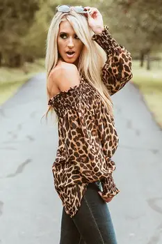 2018 Moda Leopard de Imprimare Bluza Puff Maneca Lunga de Pe Umăr Vrac Femei Topuri Si Bluze Casual de Vara Tricou Topuri S-XL