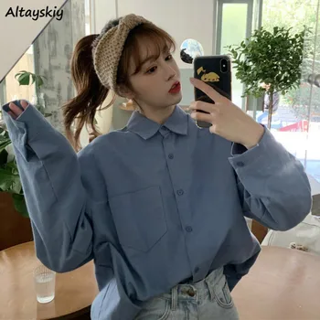 Tricouri Femei Solide de Buzunar de Primăvară de Moda Nou Stil coreean de Agrement Pierde Toate-meci Elegant Supradimensionat Harajuku Femei Mâneci Lungi