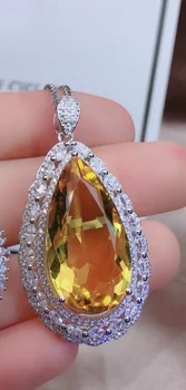 Dimensiuni mari, galben citrin bijuterie pandantiv colier femei argint bijuterii fine de culoare galben strălucitor de argint 925 partid cadou
