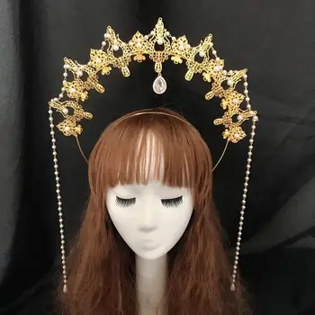Gold Crown Halo Ciucuri Bentita Lolita Cerc Păr Fecioara Maria Caciulita Superba De Mireasa Frizură