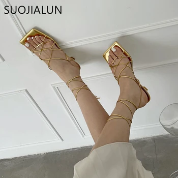 SUOJIALUN Moda Femei Sandale Subțire Scăzut Toc Dantelă-Up Roma Sandale de Vara Gladiator Sandale Casual Bandă Îngustă Pantofi Marime Mare 40