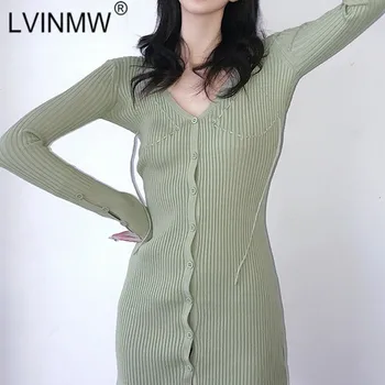 LVINMW V Gatului Maneca Lunga Tricotat Solid Slim Dantela Rochii Femei Singure Pieptul Coaste de Moda Moale Rochie Mini Haine de Toamna