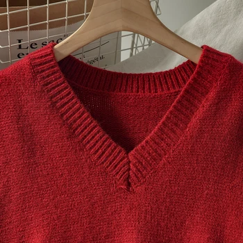 Ezgaga Ocazional Fără Mâneci Femei Vesta De Toamna Noi V-Neck Loose Red Vintage All-Meci Topuri Tricotate Femei Vesta Pulover Moda Rezervor