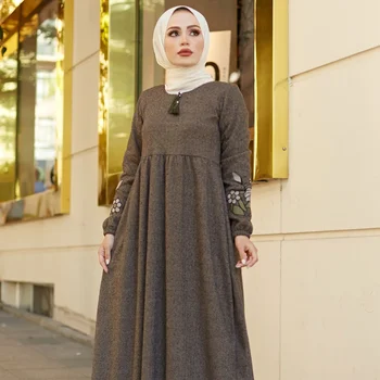 Herringbone Fisto Femei Rochie Modest Caftan Haine Islamice Musulmane Moda pentru iarna Rochii Maxi Turcia, Dubai 2021 Hijab