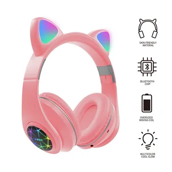 Pisica drăguț seturi de Căști Bluetooth cu LED-uri Colorate Fete Muzică, Căști fără Fir, Căști Cu Microfon pentru Xiaomi, Huawei Copii Cadouri pentru Copii