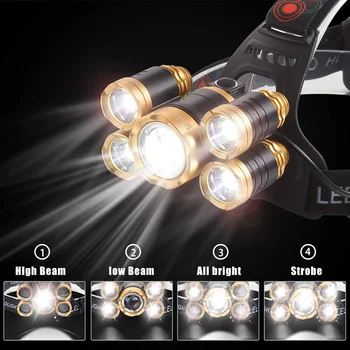 Reîncărcabilă Lanterna Far 2000 de Lumeni Ultra Luminos T6 5 LED-uri Lampă de Cap 4 Moduri Impermeabil în aer liber Far Lanternă Puternică