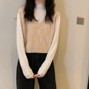 Vesta Femei V-neck Crop Top All-meci Stil coreean Tricotat Toamna Liber Chic Femei fără Mâneci Pulovere Simple Ulzzang