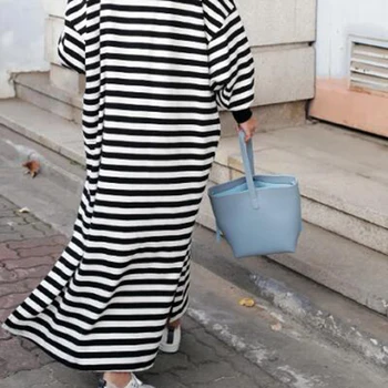Femei de moda Rochie Casual Stripe Loose Fante Gât Maneca Lunga Pulover Cămașă Rochie Maxi Secțiunea Lung Rochie de Femei