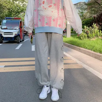 QWEEK Harajuku Jogging Pantaloni Femei Kawaii pantaloni de Trening Femei Largi Moale Fata de Desene animate de Imprimare Gri Pantaloni Largi Stil coreean 2021