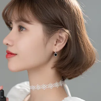 VREI Moda coreeană Veritabil 925 Sterling Silver Geometric Rotund Negru Stud Cercei pentru Femeile Birou Elegant Cercei Bijuterii