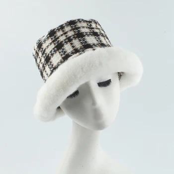 Brand De Lux De Designer De Blană De Iarna Pălărie Găleată Femei Elegant Carouri Pescuit Capac Panama Pălărie Pescar Gorros