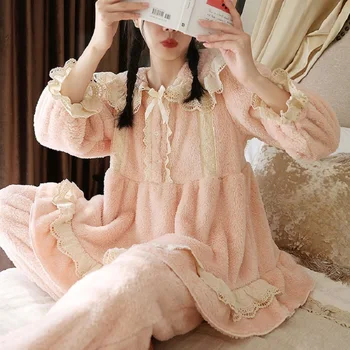 Cald Epocă Îngroșa Flanel Femei Seturi de Pijamale Elegante Dantela Maneca Lunga, Pijamale, Costume de Iarnă, Toamnă Dulce Topuri Pijamale