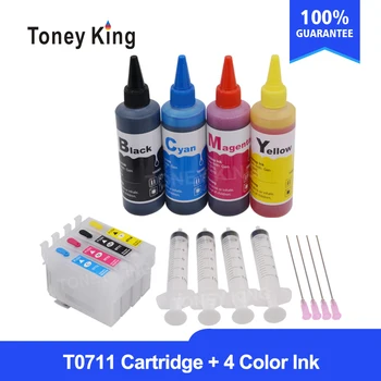 T0715 Pentru Epson Stylus Office B40W BX300F BX300FW BX310FN Printer T0711 - 4 Cartușele de Cerneală Reîncărcabile + 4 Culori 100ml Cerneala Refill