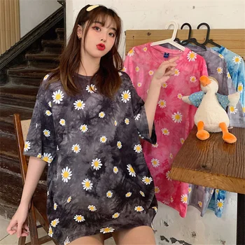 Coreea de Vară, Topuri Femei de Mari Dimensiuni cu Maneci Scurte T-shirt Loose Bottom Tricou Uri de Moda Lega Harajuku Tricou Daisy Print Tees