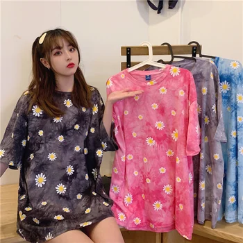 Coreea de Vară, Topuri Femei de Mari Dimensiuni cu Maneci Scurte T-shirt Loose Bottom Tricou Uri de Moda Lega Harajuku Tricou Daisy Print Tees