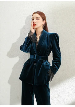 ZAWFL de Înaltă Calitate Femei coreene 2 Bucata Set 2020 Pista de Toamna Iarna OL Dantela Costum de Catifea Formale Sacou Haina+Slim Pantaloni Lungi Costum