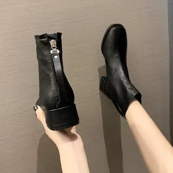 LazySeal Toamna Iarna Ghete Femei 4 cm Toc Patrat Clasic cu Fermoar Spate Moda Glezna Cizme Pentru Femei Pantofi Plus Dimensiunea 43