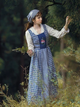 Anglia, Scoția, Stil Carouri Rochie De Mari Dimensiuni Femei Vintage Broderie Lenjerie De Pat Din Bumbac Prerie Chic Mori Fata Albastru Vestido
