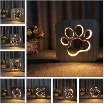 Qitherm USB cu LED-uri Lumina de Noapte din Lemn Labă de Câine, Pisică, Lup Cap de Animal Lampa de Noutate Dormitor Copil 3D de Decorare Masă de Lumini Copil Cadou