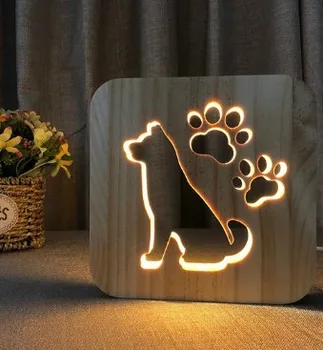 Qitherm USB cu LED-uri Lumina de Noapte din Lemn Labă de Câine, Pisică, Lup Cap de Animal Lampa de Noutate Dormitor Copil 3D de Decorare Masă de Lumini Copil Cadou