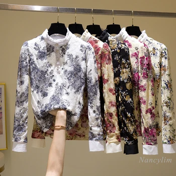 Dantelă florale Tricou Femei Stand-up Guler Căptușit cu Lână de Top de sex Feminin Uzura Interior Cald Blusas Doamna de Moda Bluza 2021 Primăvară de Iarnă