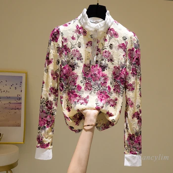 Dantelă florale Tricou Femei Stand-up Guler Căptușit cu Lână de Top de sex Feminin Uzura Interior Cald Blusas Doamna de Moda Bluza 2021 Primăvară de Iarnă
