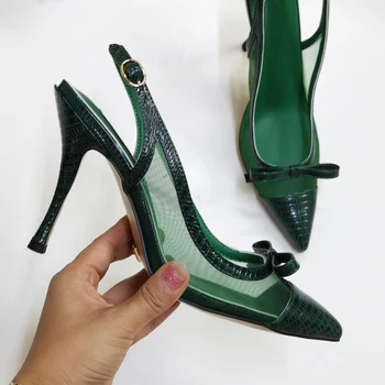 Sarpe Verde Fluture Nod Sandale Femei Subliniat Toe Plasă De Ciudat Pantofi Cu Toc Femeie Sexy Pantofi De Partid