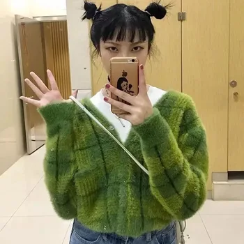 Harajuku Fuzzy Carouri Verde Cardigan Cu Buton Frontal Femei Trunchiate Cardigan Pulover /