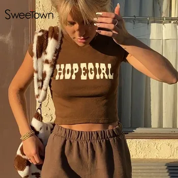 Sweetown Maro Vintage Y2K Copilul Tricou Tricouri Femeie Scrisoare de Imprimare 90 Estetice Streetwear O-Gat Maneci Scurte de Vară Trunchiate de Sus
