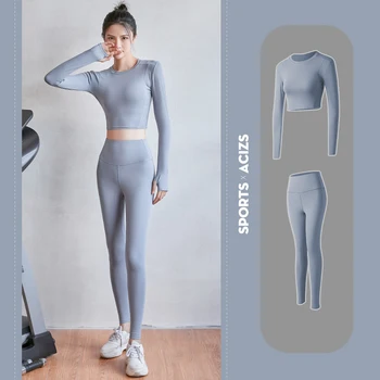 Trening Fitness Jambiere+2 buc Tricouri Sport pentru Femei Costum cu Maneci Lungi de Trening Active Purta fără Sudură Sport Femeie Yoga Set