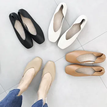 Noi 2020 Pantofi De Primăvară Femei Apartamente De Calitate Superioară Pantofi Plat Genuien Mocasini Din Piele Square Toe Pantofi Casual Balet Plat De Mari Dimensiuni 40