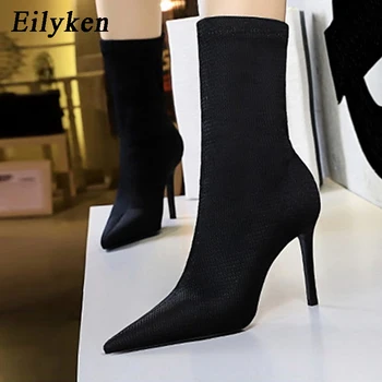 Eilyken De Înaltă Calitate Tricot Stretch Șosete Cizme Brand Nou Design De Înaltă Tocuri Femei Glezna Cizme A Subliniat Toe Pantofi Stiletto Negru