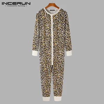 2021 Bărbați Pijama Salopeta Leopard Print cu Maneci Lungi Gât O îmbrăcăminte de noapte Confortabil de Fitness de Agrement Salopetă Bărbați Salopete Homewear INCERUN