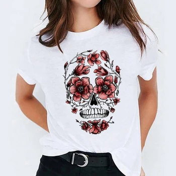 Femeile de Imprimare Florale cu Flori de Plante Halloween Craniu de Imprimare Doamna T-shirt Doamnelor sex Feminin Tee Top Femei Graphic T-Shirt
