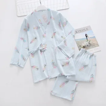 Noi Kimono Pijamale Femei Toamna Bumbac Crepe de Șapte puncte Mâneci Pijama Seturi pentru Femei Pijama Haine Sexy Plus Dimensiune Sleepwear