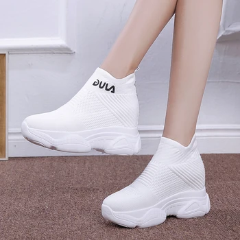 Respirabil Tricotate Indesata Adidasi Femei 2020 Nouă Primăvară Solid Pană Pantofi Ciorap Femeie Fund Gros Mare Sus Pantofi Femei Albe