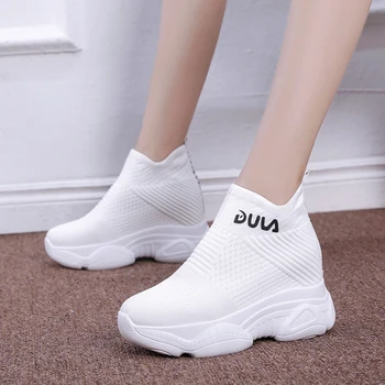 Respirabil Tricotate Indesata Adidasi Femei 2020 Nouă Primăvară Solid Pană Pantofi Ciorap Femeie Fund Gros Mare Sus Pantofi Femei Albe