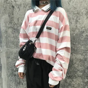 Moda T-Shirt Femei Vrac De Bază Cu Dungi Cu Maneci Lungi De Sus Tricouri Unisex Harajuku Tee