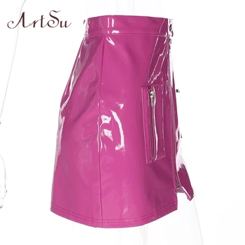 ArtSu Kawaii Sexy Roz PU Faux din Piele Fusta de Moda Fermoare Talie Mare Fuste Creion Bodycon Scurt Mini Saias Lolita ASSK8