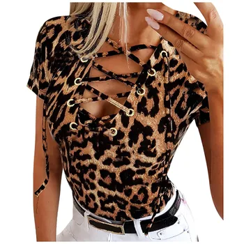 Moda 2020 tricou femei Sexy Leopard de Imprimare Mâneci Scurte V-Neck T-Shirt de vară de moda Topuri ropa mujer #35