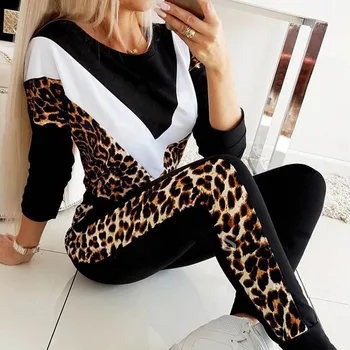 2020 Femei De Primăvară Leopard Mozaic Costum De Trening Set Doamna Toamna Casual Cordon Două Piese Jogging Pantaloni+Tricou