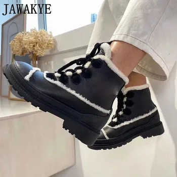 Lână Blana asieta Impodobita Zăpadă Cizme Rotund Toe Alb Negru din Piele Glezna Cizme de Moda de Iarnă Pantofi pentru Femei