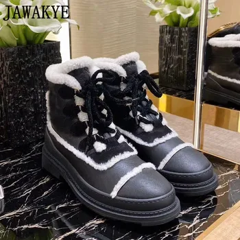 Lână Blana asieta Impodobita Zăpadă Cizme Rotund Toe Alb Negru din Piele Glezna Cizme de Moda de Iarnă Pantofi pentru Femei