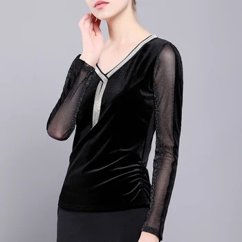 Primavara Toamna Moda pentru Femei Doamnelor V Gât Maneca Lunga Velur Tricou , 3xl 4xl Întinde Gri Catifea Neagră Tricouri Topuri Pentru Femei