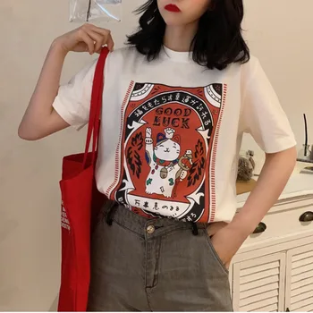 2019 Vară Stil Japonez Cat Noroc Print T Shirt Streetwear Femei Harajuku Casual Cu Maneci Scurte Topuri Tricouri Tricouri Fete Kawaii