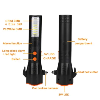 SANYI Multi-Funcțional Mașina de Siguranță de Evacuare de Urgență Ciocan cu Lanterna LED-uri Lumina Ferestrei Breaker USB de Avertizare Lumina Lanterna