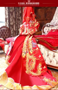 Mireasa Floare Roșie Qipao Națională Chineză Rochie De Mireasa Pentru Femei Phoenix Broderie Cheongsam Kimono Lung Posterior Qi Pao Halat