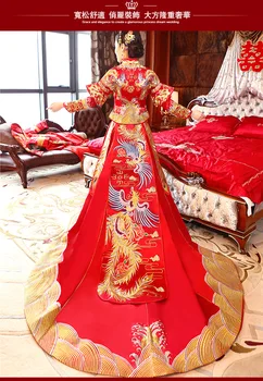 Mireasa Floare Roșie Qipao Națională Chineză Rochie De Mireasa Pentru Femei Phoenix Broderie Cheongsam Kimono Lung Posterior Qi Pao Halat