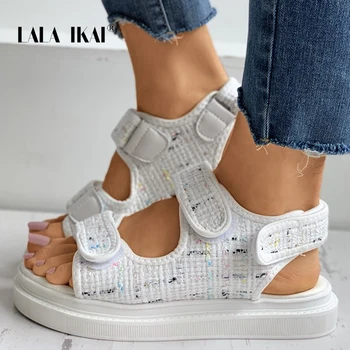 LALA IKAI Femei Vara Platforma Țese Sandale 3,5 CM Feminin Cârlig & Bucla Houndstooth Solid Doamnelor Pantofi 2020 Toamna XWA30785-4