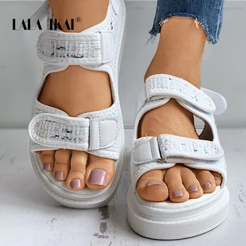 LALA IKAI Femei Vara Platforma Țese Sandale 3,5 CM Feminin Cârlig & Bucla Houndstooth Solid Doamnelor Pantofi 2020 Toamna XWA30785-4